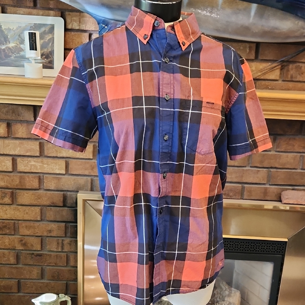 American Eagle Outfitters Short-Sleeve Plaid Button-Down Shirt  Blue Orange